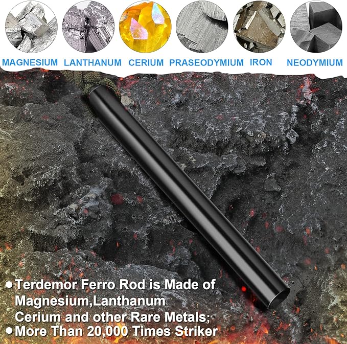 Ferro Rod Fire Starter Kit – 5" Flint and Steel with Two Waxed Tinder Cord & Paracord for Camping, Hiking, Outdoor Survival, Emergency Preparedness