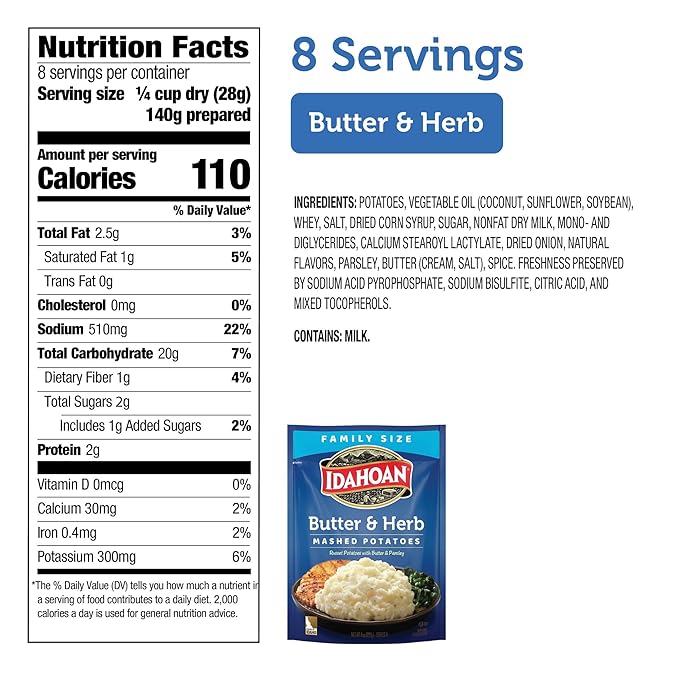 Idahoan Butter & Herb Mashed Potatoes, Naturally Gluten-Free, 100% Real Idaho Potatoes, 8 servings per bag, 8 ounce (Pack of 8)