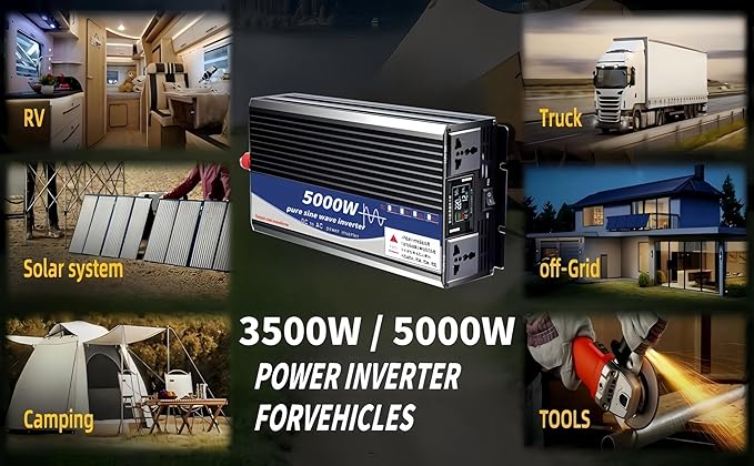 5000W Power Inverter 12V DC to 110V AC Converter with LED Display Dual AC Outlets Dual Fans Radiating for RV, Camp, Boat and Home Emergency Portable Pure Sine Wave Inverter (Smart Screen, 5000W 12V)