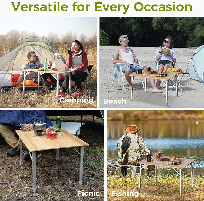 ATEPA Wooden Folding Table, Adjustable Height Folding Tables Environmental Bamboo Camping Table with Aluminum Legs Carry Bag for Travel Picnic Beach Fishing Outdoor Indoor, 2-4 Person