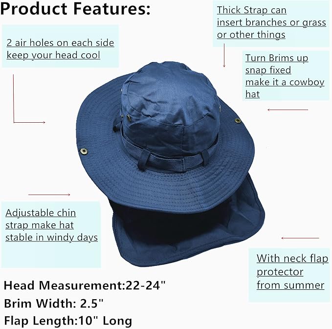 Glory Max Bucket Boonie Hat with Neck Flap Cover Sun Safari Wide Brim Fishing Garden Hiking Cap