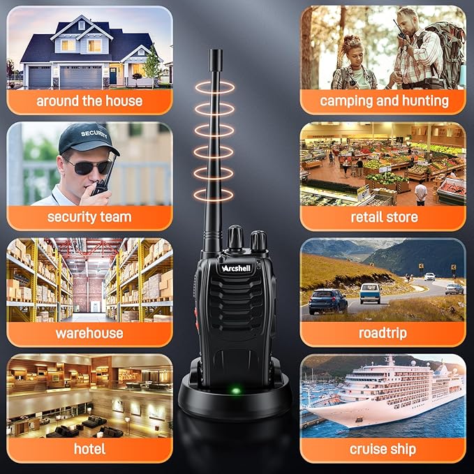 Rechargeable Long Range Two-Way Radios with Earpiece 6 Pack Arcshell AR-5 Walkie Talkies Li-ion Battery and Charger Included