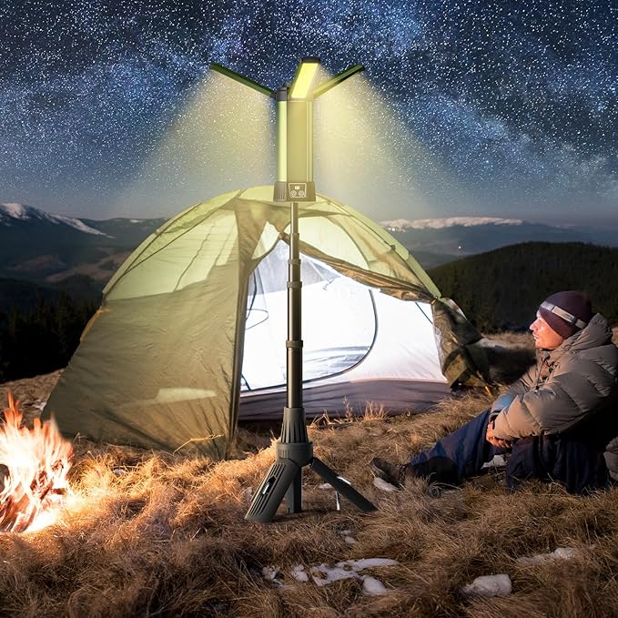 Rechargeable Camping Light with Stand: Cordless Work Light Kit 3 Page Head 500/1000/2000 Lumen 3500/6500K - Dimmable 6AH Camp Lights with Detachable Tripod,Hooks and Carrying Bag(Green-S)