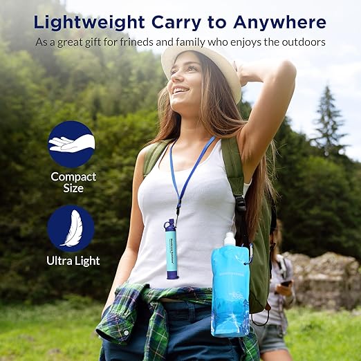 Membrane Solutions Squeezable Water Filtration System, Survival Water Purifier Kit, Portable Backpacking Gear Including Water Filter Straw and 23oz Collapsible Bottle for Hiking Camping Travel(1+4)