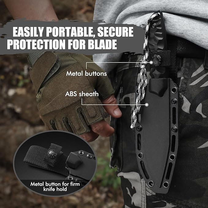 Tanto Fixed Blade Knife with Sheath, Tactical Knife for Men Survival Full Tang Design (E-Full Black)