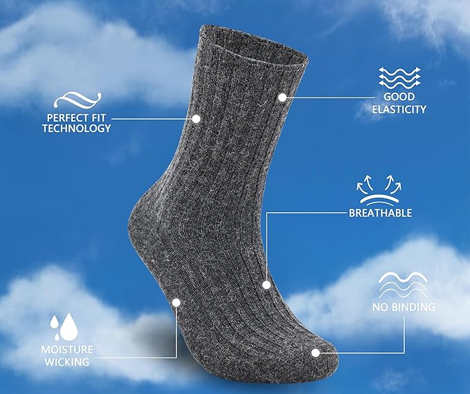 Panda Bros Wool Hiking Socks for Men & Women, Warm Winter Thick Thermal Crew Socks, Cozy Soft Boot Work Socks, 4 Pack