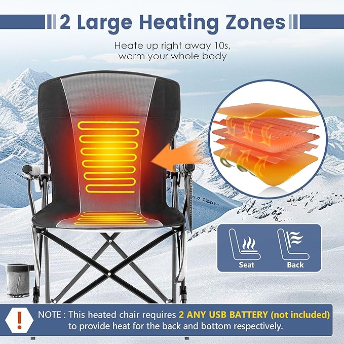 Lamberia Camping Chairs, Portable Heated Folding Chairs for Outdoor Sports, Heavy Duty Lawn Chairs for Adults Support 400lbs, Heated Camp Chair with Cup Holder,Grey(2 Battery Pack Required)