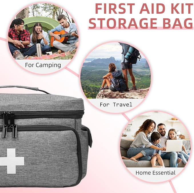 First Aid Bag Empty, Small Medicine Bag Portable Medical Supplies Organizer for Travel, Home, Office, Car, Outdoor, Camping, Hiking (Gray)