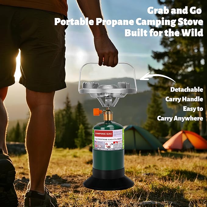 Propane Camping Stove, Portable Backpacking Stove with Adjustable Burner, Stable Camp Gas Stove for Outdoor Cooking, Single Burner Propane Stove for Hiking, Tailgating, Grilling (Fuel not Included)