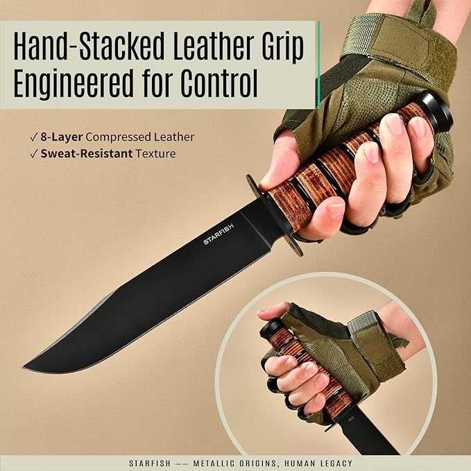 STARFISH Fixed Blade Knife, 7.0” DC53 Steel Blade with Black Titanium Coating Full Tang Hunting Knife with Sheath, Ergonomic Leather Handle Bushcraft Bowie Knives for Camping, Hiking
