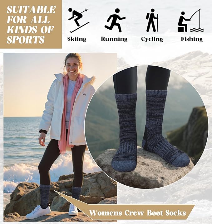Justay 4 Pairs Merino Wool Socks for Women, Hiking Thermal Warm Winter Cozy Thick Boot Socks for Women Gifts