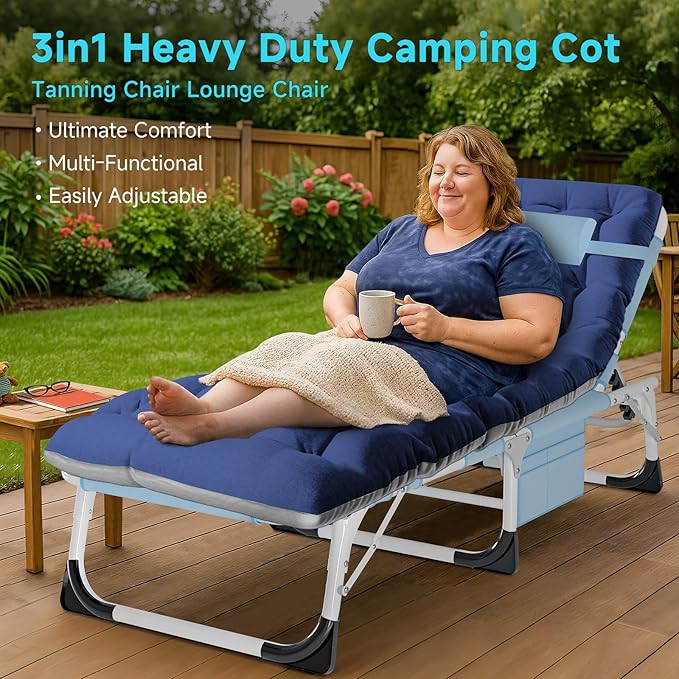 ABORON Folding Camping Cot W/Mat for Adults, Adjustable Heavy Duty Outdoor Bed,1200 D Layer Oxford Travel Camp Cots
