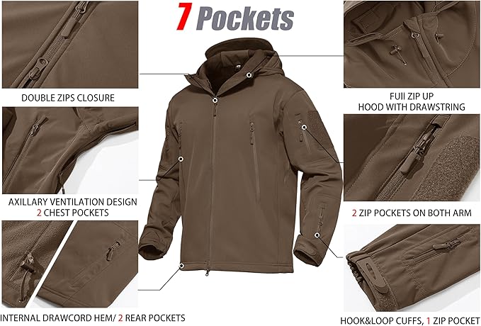 MAGCOMSEN Men's Tactical Jacket 7 Pockets Performance Fleece Lined Water Resistant Ski Snow Soft Shell Winter Coats