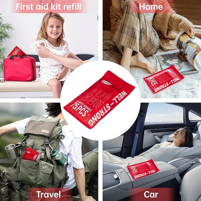 Refill First Aid Kit with 75PCS Assorted Bandages - Emergency Bandage Replenish Pack for Home, Car, Camping, Cuts & Scrapes Care