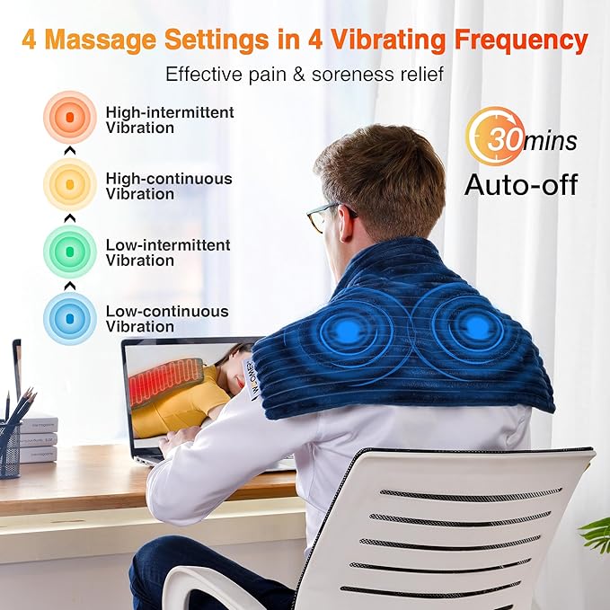 WOOMER Weighted Massage Electric Heating Pad for Back Pain, Neck and Shoulders Cramps Relief, 12’’x24’’, 3.7lb BPA-Free and Non-Toxic Beads, 4 Heat Settings, 4 Massage Modes, 2h Auto-Off