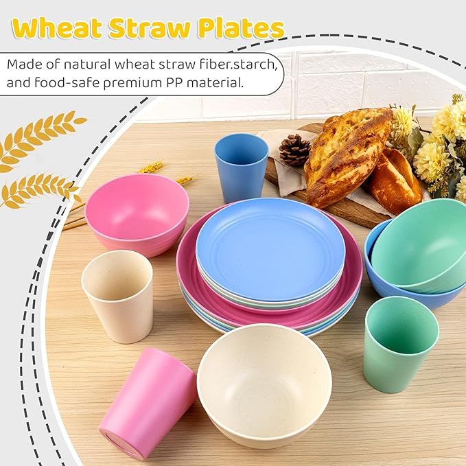 Supernal Plastic Plates Reusable Unbreakable Wheat Straw Dinnerware Set, 16Pcs Plates and Bowls Sets, Vajillas Modernas Para 4 Personas, Camping Dishes, Apartment Essentials(Beige, Blue, Green, Pink)