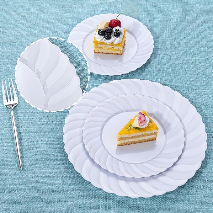 U-QE 60 Pcs White Plastic Plates for Party – Scalloped Plastic Plates Heavy Duty & Elegant – Include 30 10.25" Dinner & 30 7.25" Dessert Plate - Perfect for Weddings, Bridal Showers and Parties