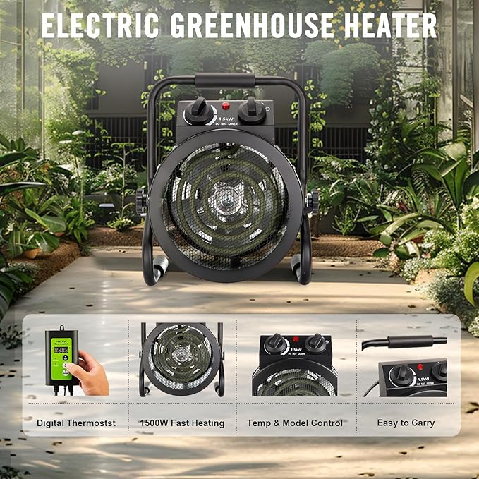 Greenhouse Heater with Digtal Thermostat, 1500W Electric Greenhouse Heaters, Fast Heating with Overheat Protection, Grow Tent Heater for Green House, Outdoor, Patio, Flower Room, Sliver