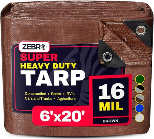 6' x 20' Brown Heavy Duty Tarp with Grommets Reinforced - 16 Mil Thick - Double Sided Plastic Tarps Waterproof - Large Tarpaulin Cover for Outdoor Camping Over/Under Tent Tarp RV Roof Rain - Zebro