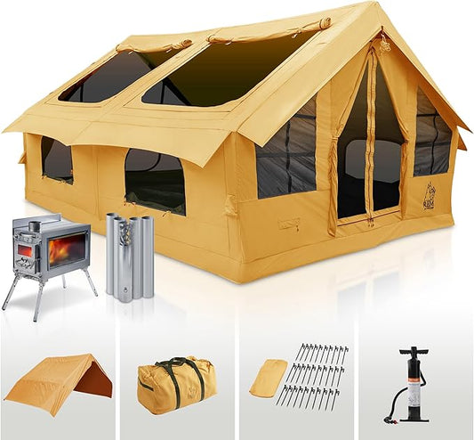 Panda Inflatable Tents for Camping with Stove Jack, Canvas Blow Up, Easy Setup Inflatable Tent, Waterproof Hot Inflatable Outdoor House, Casa de Campaña with Hand Pump