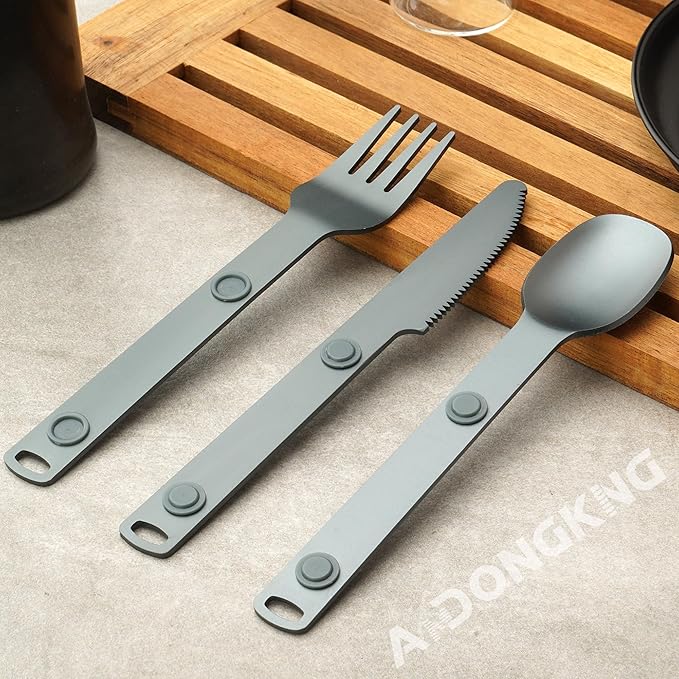 Magnetic Camping Utensil Set, Aluminum Cutlery Set, Knife, Fork & Spoon, Travel Utensils for Camping, Cooking, and Outdoor Dining, 3-Pack, Gray