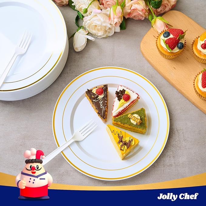 JOLLY CHEF 200 Pieces Gold Plastic Plates, 10 Inch Elegan Disposable Plates White Plate with Gold Rim,Plastic Plates for Dinner、Birthdays and Weddings