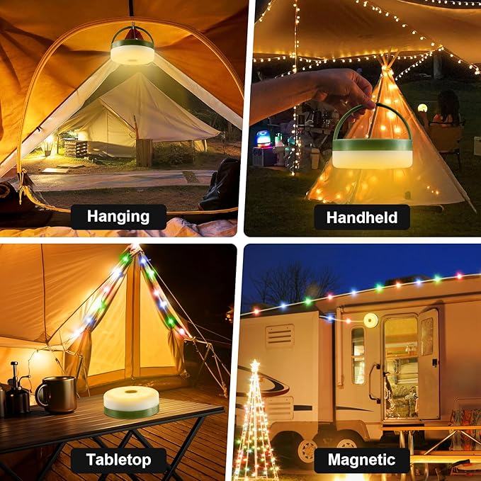 Solar Camping String Lights, 4 in 1 Quick Storage 33FT Rechargeable Tent Lights with 13 Lighting Modes, Hanging Waterproof Portable Retractable LED Lamp for Outdoor, Patio, RV, Awning, Garden, Party