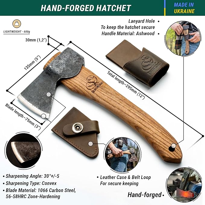 BeaverCraft Wood Carving Axe Hatchet with Sheath AX1 - Forged Axes Bushcraft Hatchet for Camping - Small Forest Axe for Chopping, Splitting - Gardening Axes with Wooden Handle, Wood Carving Tools