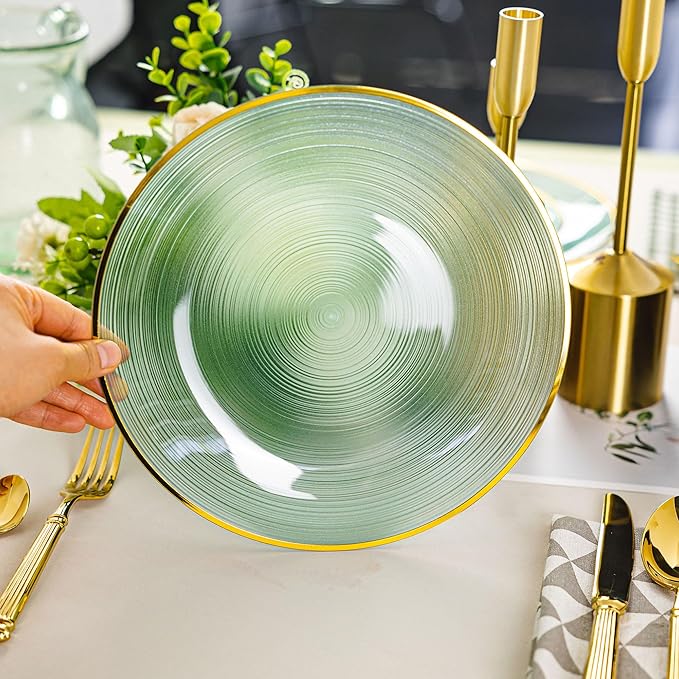 100PCS Transparent Green Gold Plastic Plates, 10 Inch Heavy Duty Disposable Dinner Plate with Gold Rim, Round Party Plates for Wedding, Party, Camping, Picnic, Birthday