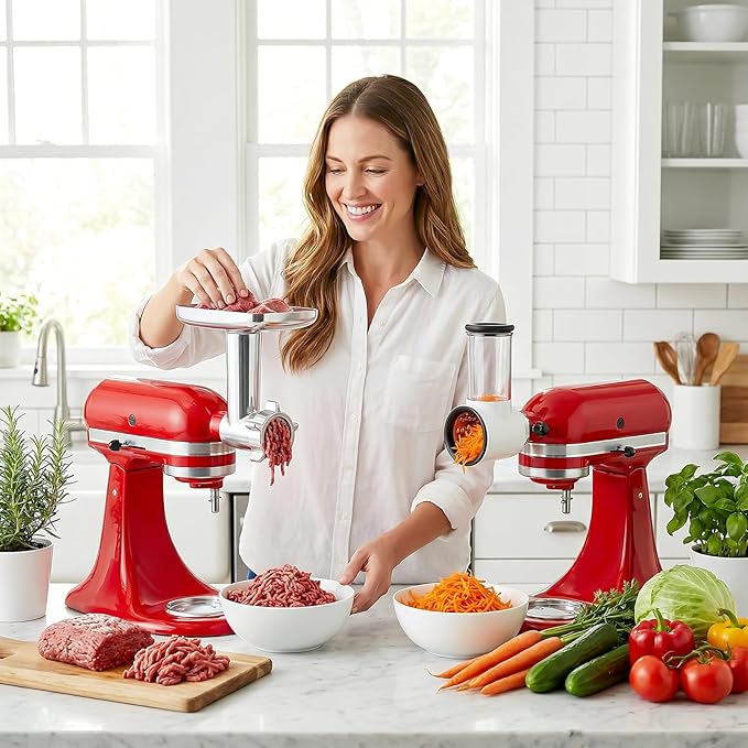 Meat Grinder and Cheese Grater Attachment for KitchenAid Stand Mixer, Slicer Shredder & Meat Grinder with Sausage Stuffer, 2 Pcs for KitchenAid Accessories and Attachments