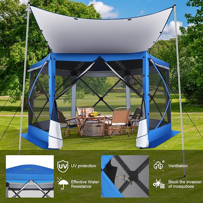 COBIZI 12x12 Pop up Gazebo Screen House Tent for Camping, Outdoor Canopy Tent with Removable Roof&Sidewalls, Portable Hub Tent with Carrying Bag and Ground Stakes, Blue(Upgraded 2.0)