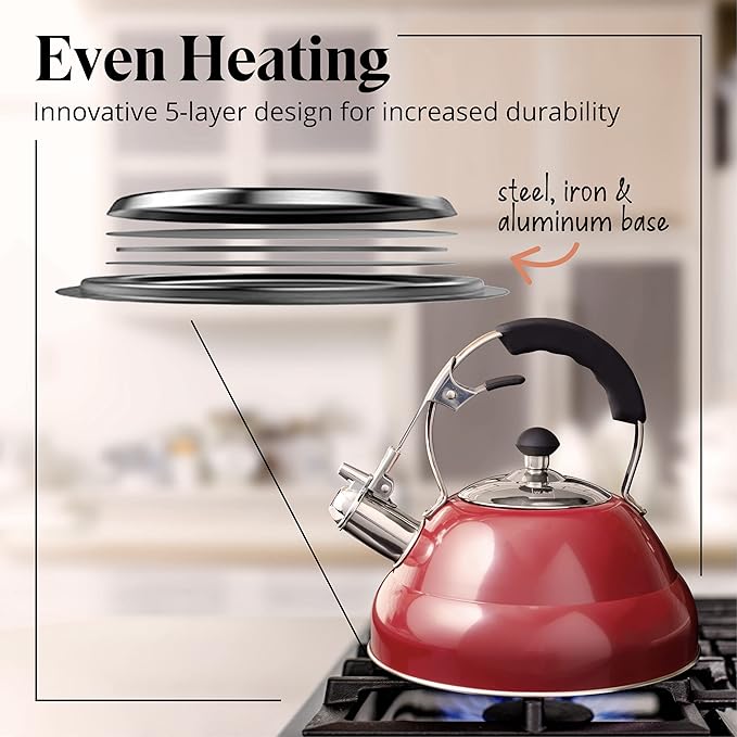 Willow & Everett Whistling Tea Kettle for Stove Top - 3 Liter Tea Pots for Stove Top w/Stainless Steel, Brushed Finish and Strainer - Tea, Coffee & Hot Water Pot, Black