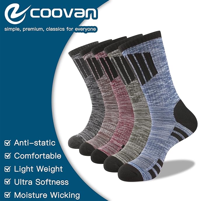 COOVAN Mens Hiking Crew Socks 5 Pairs Moisture Wicking Cushioned Athletic Boot Outdoor Socks