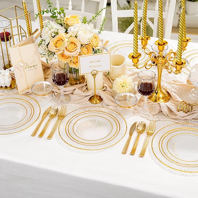 Ciaell 150PCS Clear Gold Plastic Plates - Disposable Gold Rim Plates include 25Dinner Plate, 25Dessert Plate, 25Forks, 25Knives, 25Spoons, 25Cups for Wedding & Party & Thanksgiving