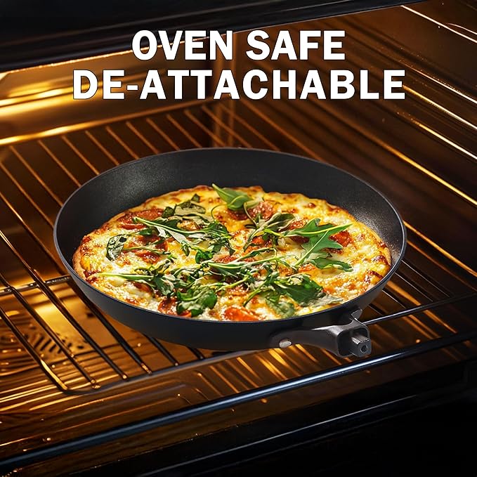 DM Cast Iron Skillet, 12 Inch Nonstick Frying Pan with Detachable Acacia Wooden Handle, Honeycomb Non stick Omelet Egg Pan, Easy Clean Oven Safe Pans for Cooking