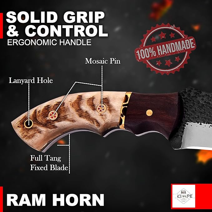 KIMPE 10" Handmade D2 Steel Tracker Knife-Survival & Hunting Knife with Holster-Full Tang Fixed Blade Knive with Ram Horn Handle-Knives for men.(D2 Ram Horn)