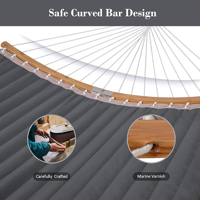 SUNCREAT Double Portable Hammock with Stand, 2 Person Hammock with Curved Spreader Bar, Balance Ropes Included, Dark Gray
