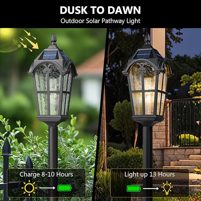 Emliviar Solar Pathway Light with Water Grain Glass Shade, 46 Inch Classic Post Lamp with Round Base in Black Finish, Portable Floor Lamp for Outdoor Travel, LED Bulb Included, YXE302PL-ML SL BK