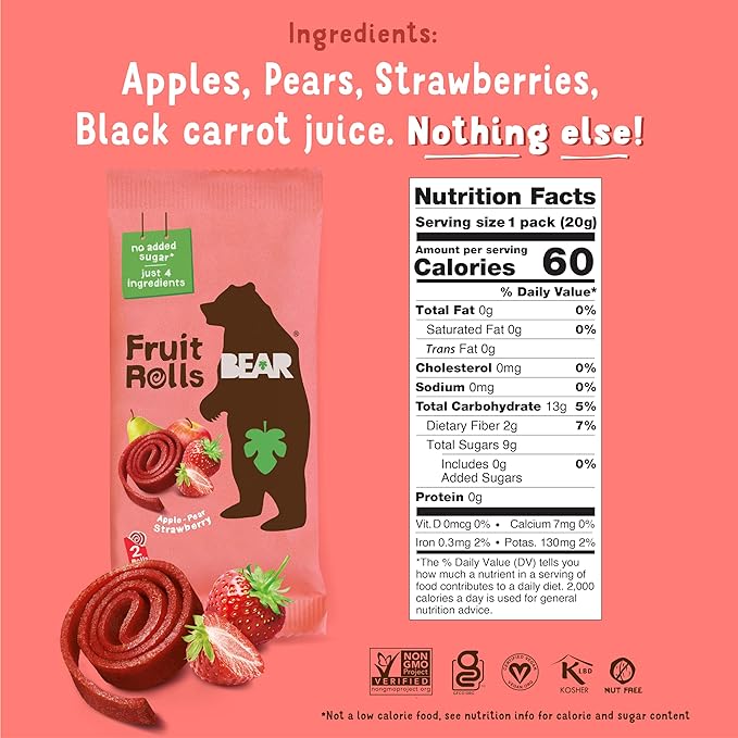 BEAR Real Fruit Snack Rolls - Gluten Free, Vegan, and Non-GMO - Strawberry – 36 Rolls, Healthy School And Lunch Snacks For Kids And Adults, 0.7 Ounce (Pack of 18)