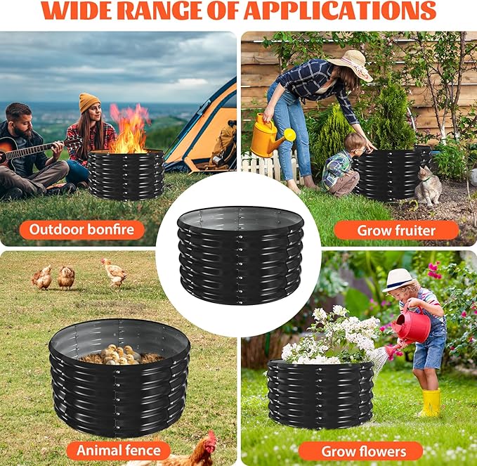 32 Inch Round Galvanized Fire Pit Ring/Fire Ring - Foldable and Perfect for Outdoor Gatherings and Campfires in The Yard/Garden/Park/Beach (Black+Gray, 2.7 FT Diameter+1.5 FT Tall)