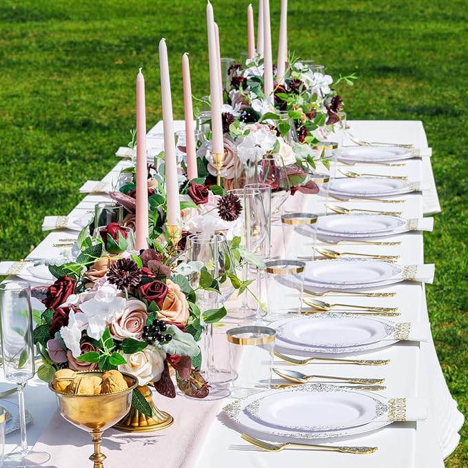 Nervure 350PCS Gold Plastic Dinnerware - White and Gold Disposable Plates for 50 Guests - 100 White Disposable Plates, 150 Plastic Silverware, 50 Cups, 50 Napkins for Wedding & Party & Thanksgiving