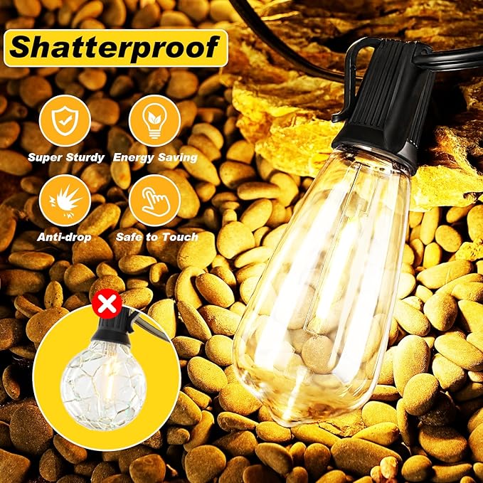 100 FT Commercial Grade Outdoor String Lights with 52 Shatterproof Waterproof LED Edison Bulbs Hanging Lights for Wedding Party Cafe