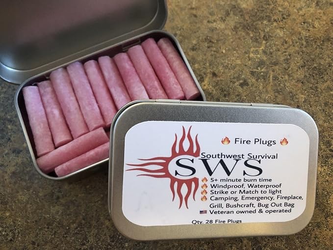 -Fire Starter Plugs (28) Waterproof,Windproof Fire Starters with 5+ Minute Burn for Emergencies,Campfires,Hiking,Fire Place,Bushcraft, Bugout Bags - Made in The USA