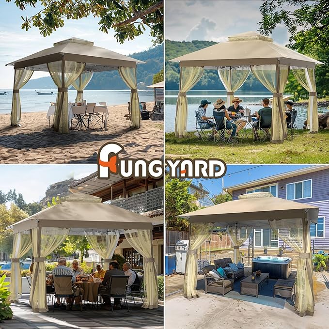 Outdoor Pop Up Gazebo 10x10 - Instant Canopy Tent with Mosquito Nettings, Double Roof Vented Gazebo Tents Shelter for Backyard Shade Party Garden Lawns (Beige, 10x10)