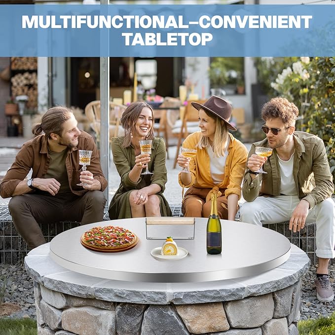 Fire Pit Lid Cover Round - 28" Stainless Steel Rust Resistant Firepit Cover or Table with A Wooden Handle for Patio Fire Pit, Weatherproof for All Seasons, Fits Fire Pits Up to 26"