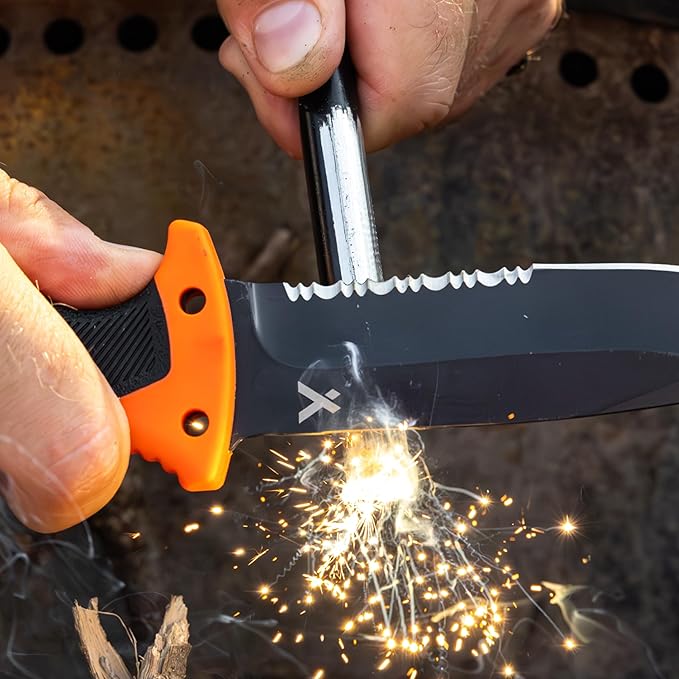 Ultimate Knife - Fixed Blade Knife, Full Tang with Serrated Edge, Fire Striking Edge, and Emergency Whistle, Includes Sheath - 4.75” Blade, Stainless Steel Blade, Black