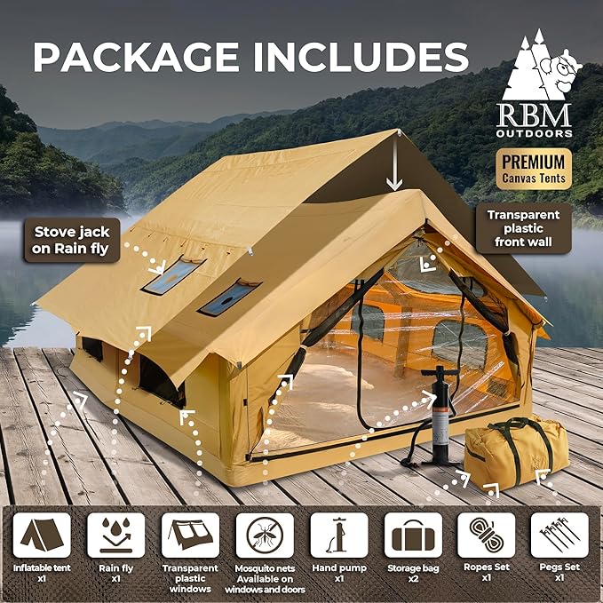 Panda Inflatable Tents for Camping with Stove Jack, Canvas Blow Up, Easy Setup Inflatable Tent, Waterproof Hot Inflatable Outdoor House, Casa de Campaña with Hand Pump