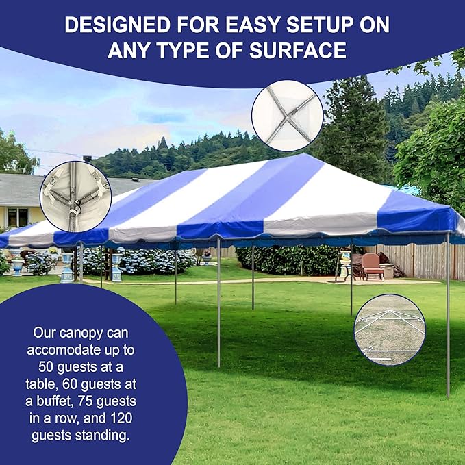 Party Tents Direct 20x30 Canopy Tent - Steel Frame - Outdoor Gazebo Pavilion Sun Shade Camping Shelter - Blue Vinyl Heavy Duty Waterproof Tent Cover - Event Tents for Parties Wedding