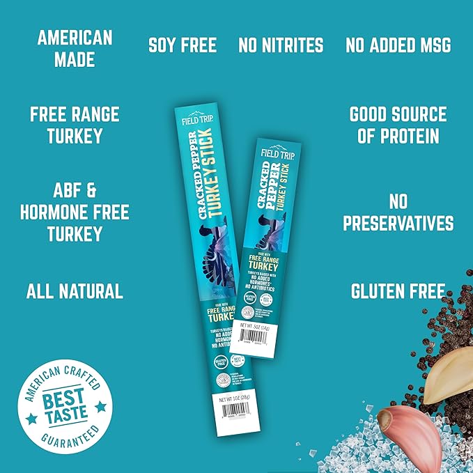 Field Trip Free Range Cracked Pepper Turkey Jerky Snack Sticks, Keto, Paleo, Gluten Free, Allergy Friendly Snack, High Protein, 70 Calorie Snack, 1oz, 10 Pack