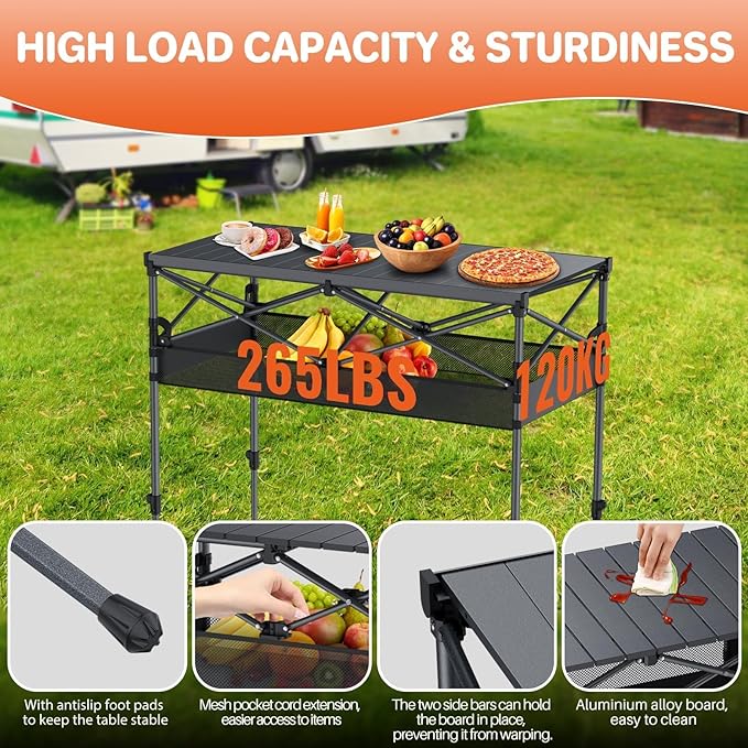 FUNYKICH Folding Camping Table(L39.4''xW19.7''), Aluminum Roll-up Portable Picnic Table with 2 Adjustable Height, Large Storage and Carrying Bag for Picnic, Camping, BBQ, Party, Backyard, Beach
